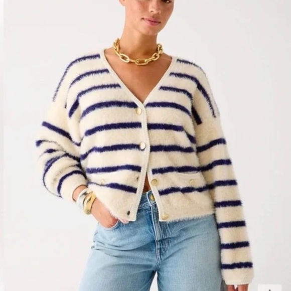 J.Crew Sweater Lady Jacket Striped Brushed Yarn Warm Sesame Indigo Preppy Medium - Picture 1 of 14
